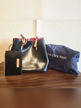 Dooney & Bourke Black Leather Tote with Pink Lining and Tan Handles